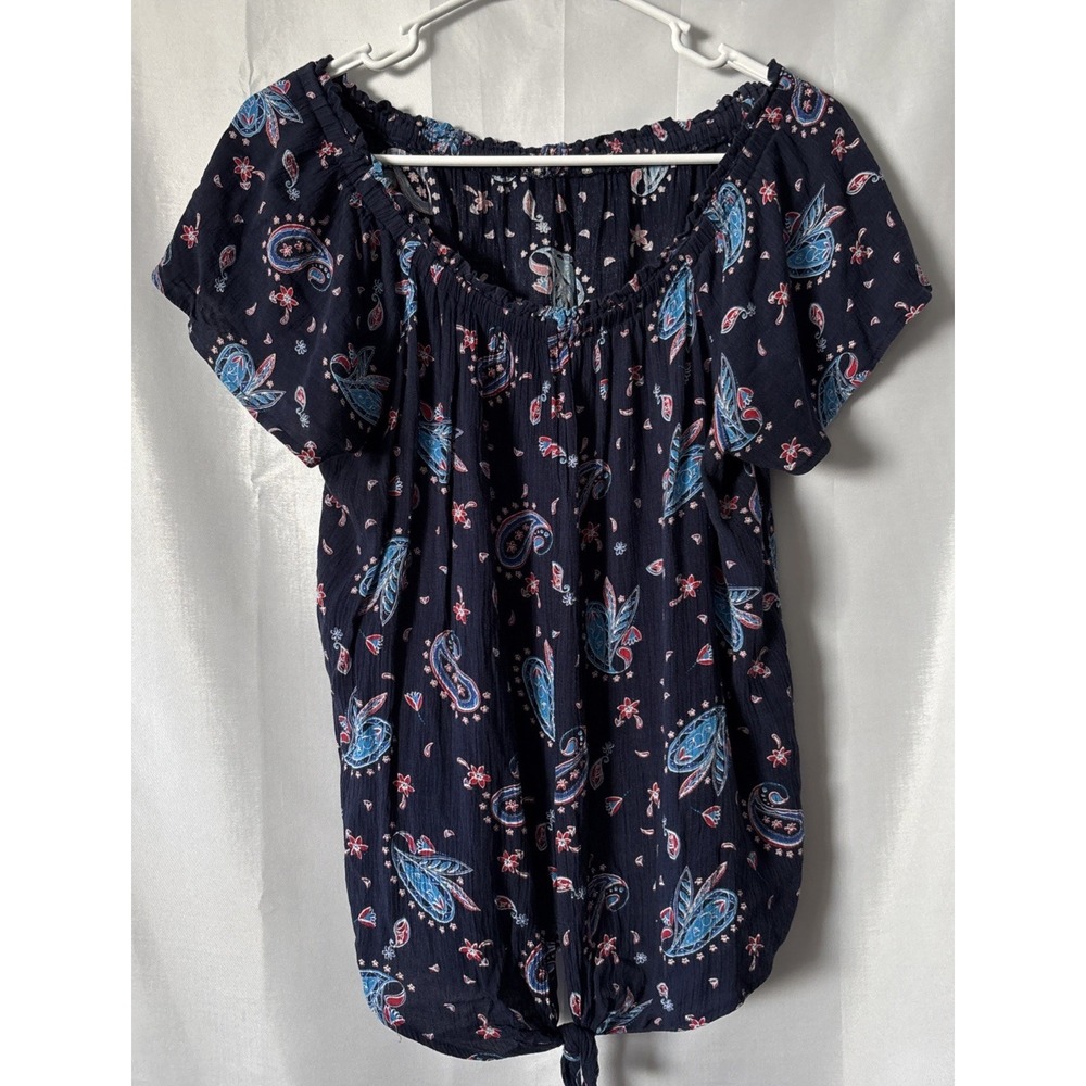 Blue Paisley Gauze Americana Peasant Blouse Cap Sleeve Tie Waist Boat Neck M